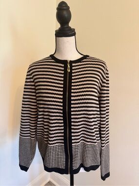 Striped Zip-Front Women's Cardigan in Black and Cream